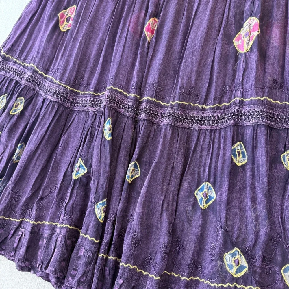 Boho Purple Yellow Tie Dye Embroidered Tiered Maxi‎ Skirt One Size Rayon